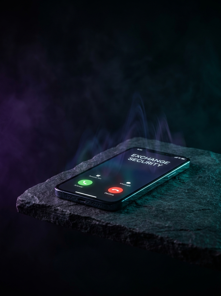 A phone glowing with an incoming call from a fake exchange security team