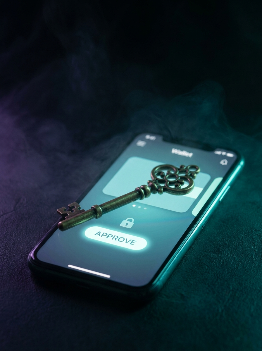 A brass key lying on a phone showing an approval prompt